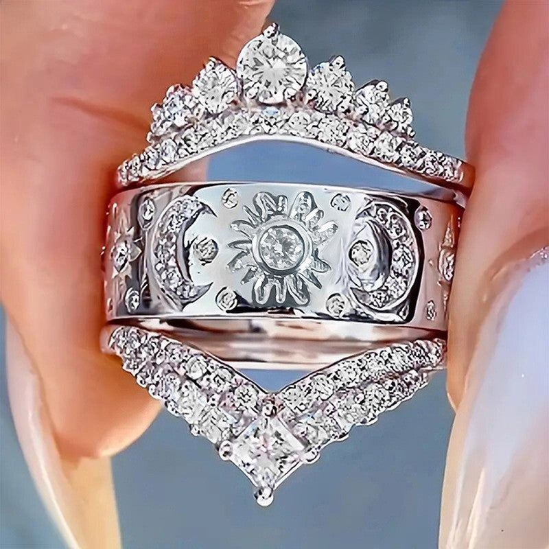 Sun Moon Star 3Pcs Ring Set, Crown V-Shape Vintage Engraved Stacking Bands Gold Silver Bridal Ring Set