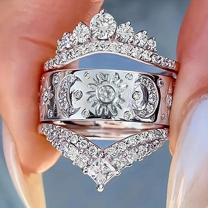 Sun Moon Star 3Pcs Ring Set, Crown V-Shape Vintage Engraved Stacking Bands Gold Silver Bridal Ring Set