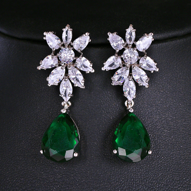 Snowflake Diamond Cluster Teardrop Drop S925 Silver Earrings, Multi-color Gem Long Evening Earrings