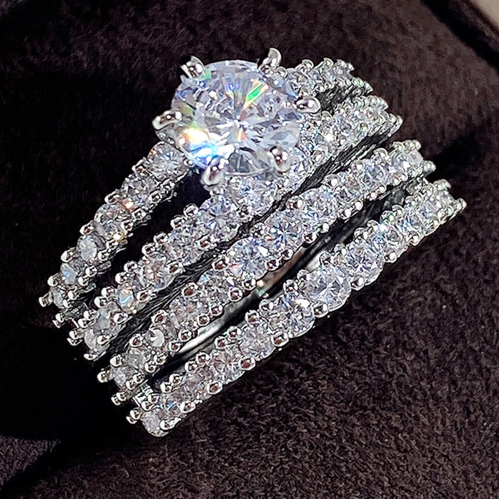 3-Row Pavé Center Stone Engagement Ring Set (Luxury Stackable Proposal Band 3-Piece)