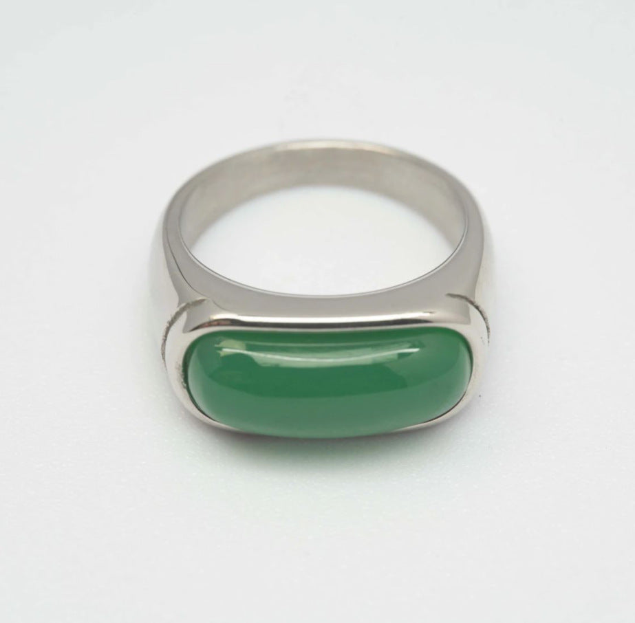 Rectangle Cabochon Chalcedony Bezel Ring, Gold Silver Minimal Plain Stone Unisex Band