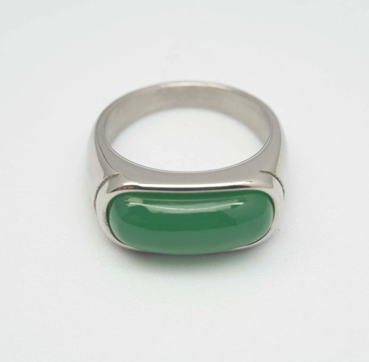 Rectangle Cabochon Chalcedony Bezel Ring, Gold Silver Minimal Plain Stone Unisex Band