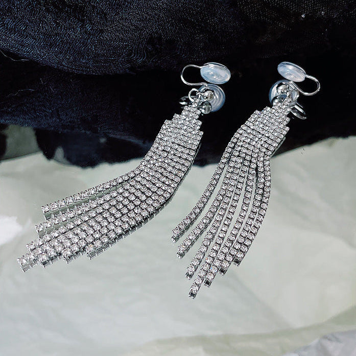Tiered Paved Diamond Long Tassel Earrings, Silicone Clip-On & Hook Versions Gold Silver Sparkling Banquet Dangle Jewelry