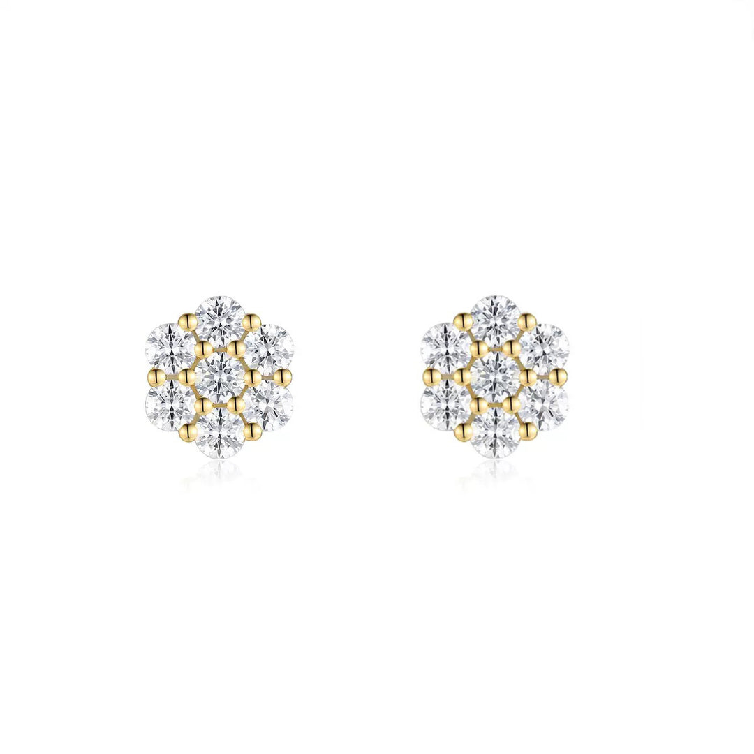 Round Flower Cluster Paved Diamond Stud Earrings, 7 Stones Floral Full Diamond Earrings, Gold Silver Rose Gold Three Tones Available