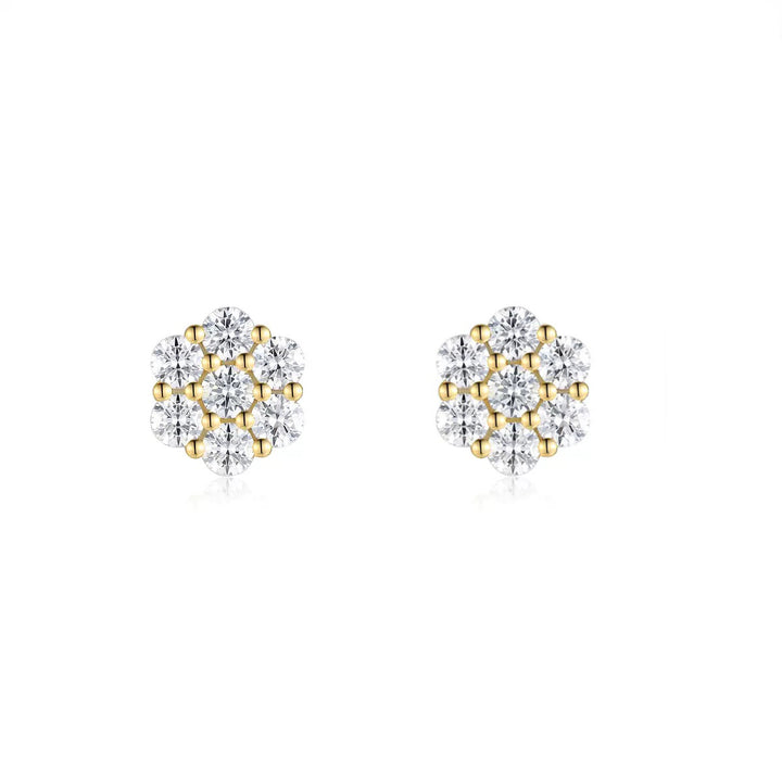 Round Flower Cluster Paved Diamond Stud Earrings, 7 Stones Floral Full Diamond Earrings, Gold Silver Rose Gold Three Tones Available