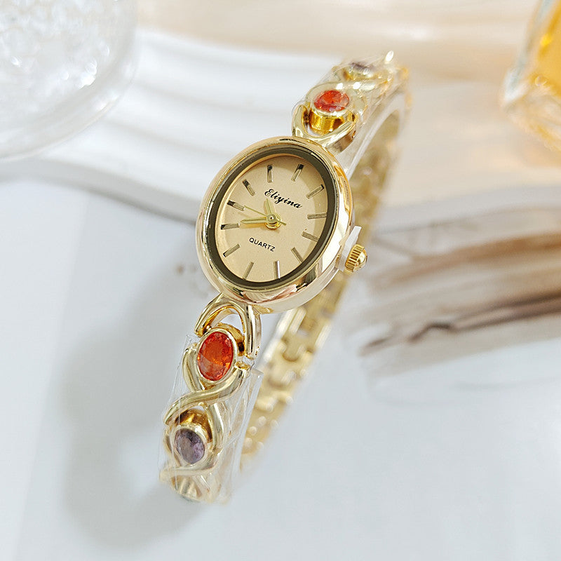 Oval Dial Colored Gemstone Bracelet Style Quartz Watch (Luxury Elegant Women's Wristwatch)