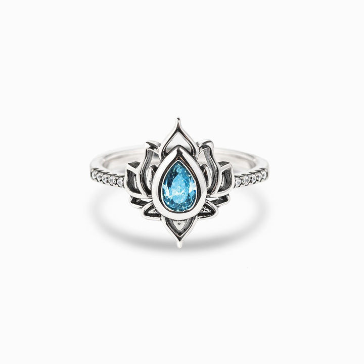 Lotus Teardrop Blue Diamond Ring (Vintage Silver-Style Statement Band)