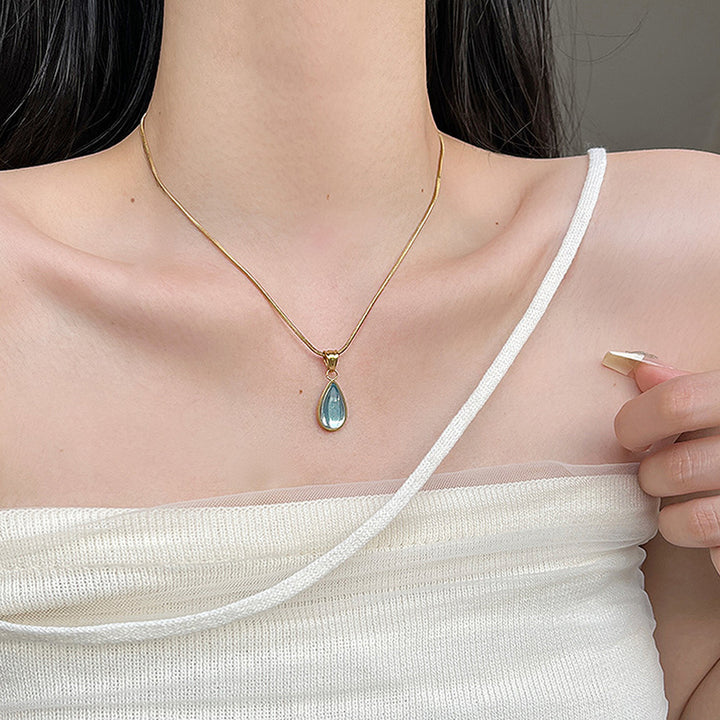 Teardrop Cat's Eye Stone Snake Chain Necklace (Multi-Color Delicate Pendant)