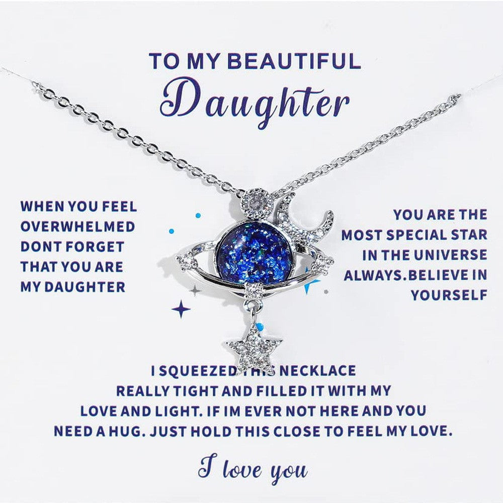 Moon Star Planet Blue Glitter Resin Necklace, Luxury Paved Diamond Starry Sky Dainty Clavicle Necklace for Women