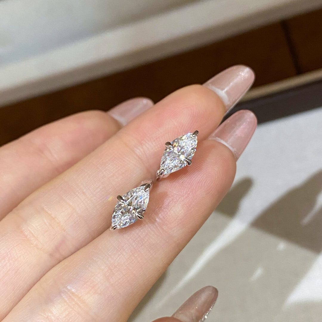 S925 Silver Marquise Cut Diamond Huggie Earrings, Minimalist Paved Hoop Earrings in Gold & Silver Two Tones
