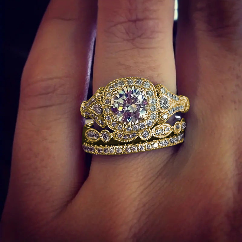 Vintage Milgrain Halo 3-Piece Bridal Ring Set, Solid S925 Silver 3-Tone Heavy Stackable Engagement Band Set