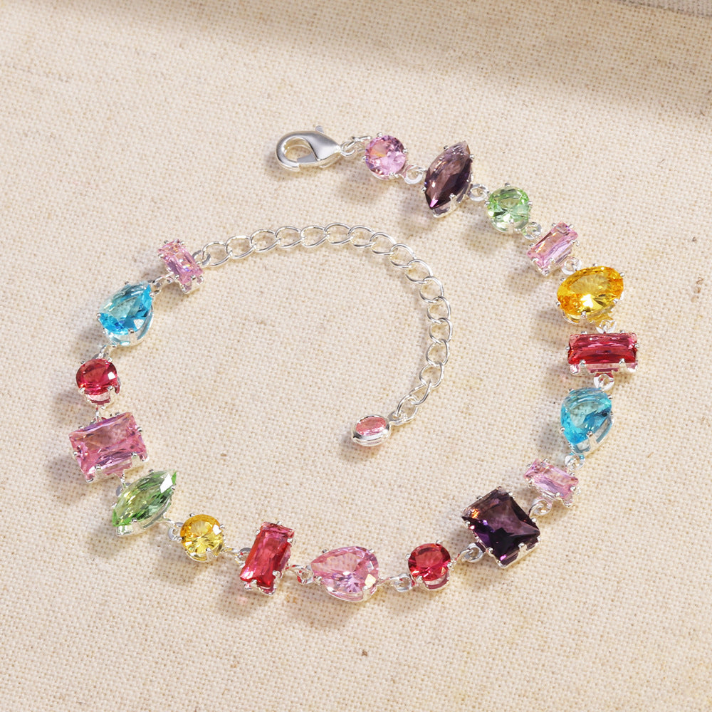 Multi-Shape Rainbow Diamond Prong Chain Jewelry, Gold &amp; Silver Rainbow Gem Bracelet &amp; Matching Choker Necklace Set