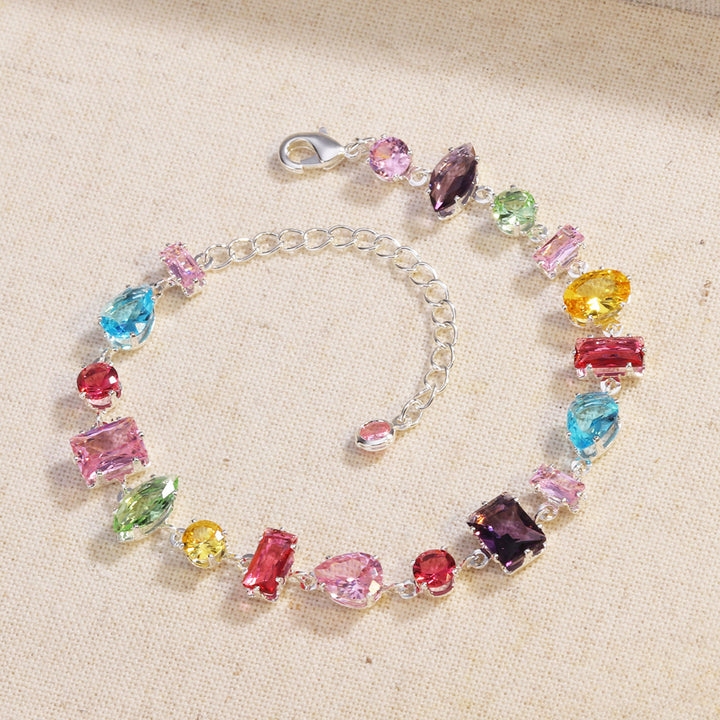 Multi-Shape Rainbow Diamond Prong Chain Jewelry, Gold &amp; Silver Rainbow Gem Bracelet &amp; Matching Choker Necklace Set