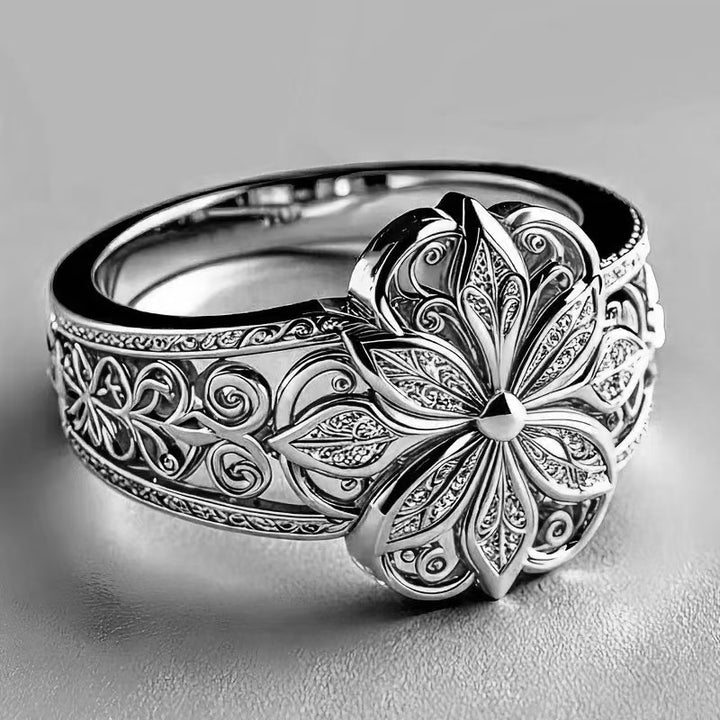 Vintage Hollow Eight-Petal Flower Wide Band Ring, Gold & Silver European Palace Plain Carved Heavy Craft  Ring