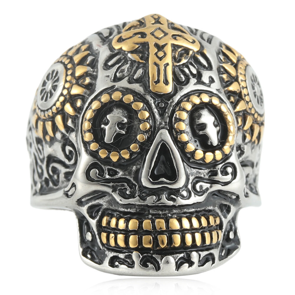 Vintage Carved Sugar Skull Cross Wide Ring, S925 Silver Antiqued Dark Alternative Band For Men