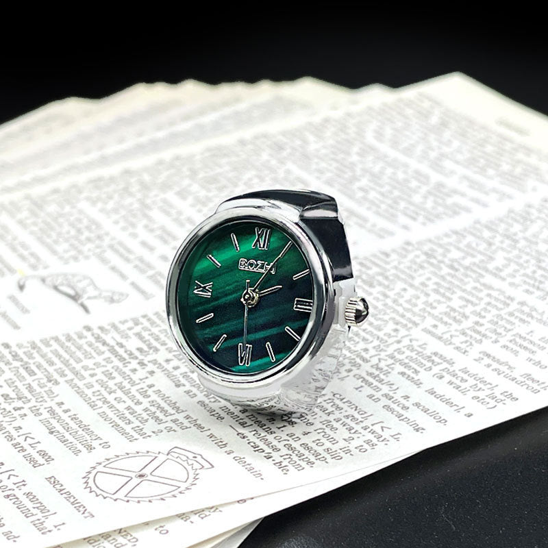 S925 Silver Vintage Watch Ring, Malachite‑Green Dial Roman Numeral Functional Wrist‑Watch‑Style Ring
