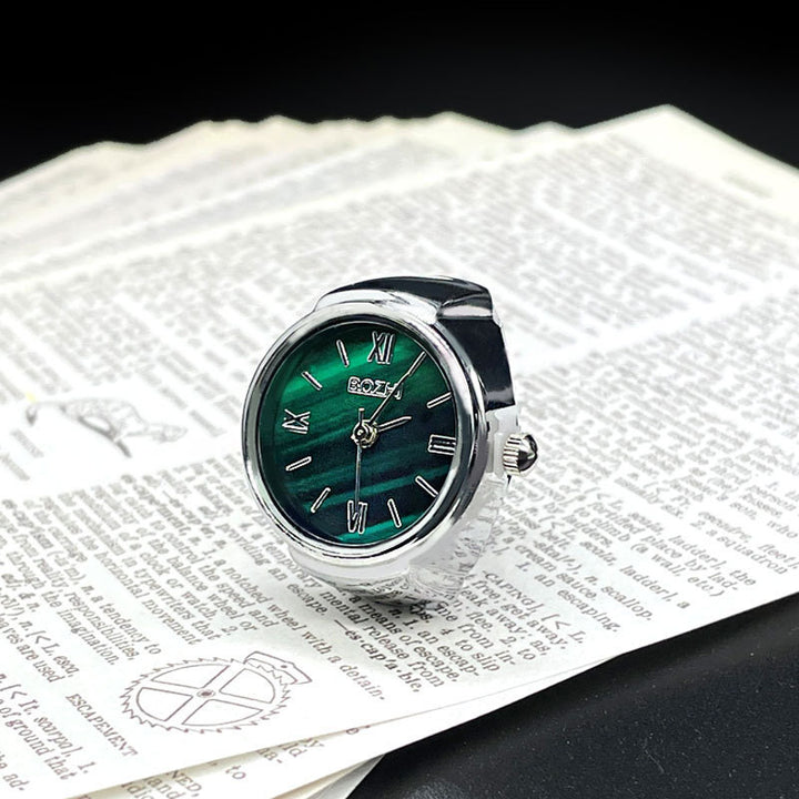 S925 Silver Vintage Watch Ring, Malachite‑Green Dial Roman Numeral Functional Wrist‑Watch‑Style Ring