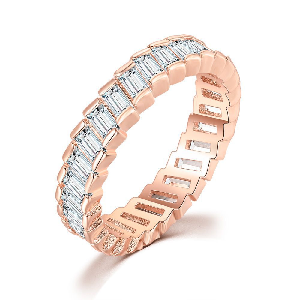 Baguette Chain Link Eternity Ring, 3 Colors Full Diamond Hollow Band For Women