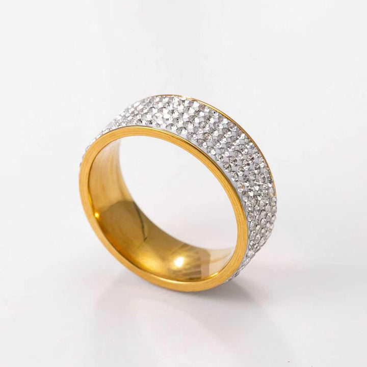 Multi-Row Paved Crystal Wide Titanium Steel Ring, Solid & Gradient Rhinestone Waterproof Band Gold Silver Black Couple Jewelry