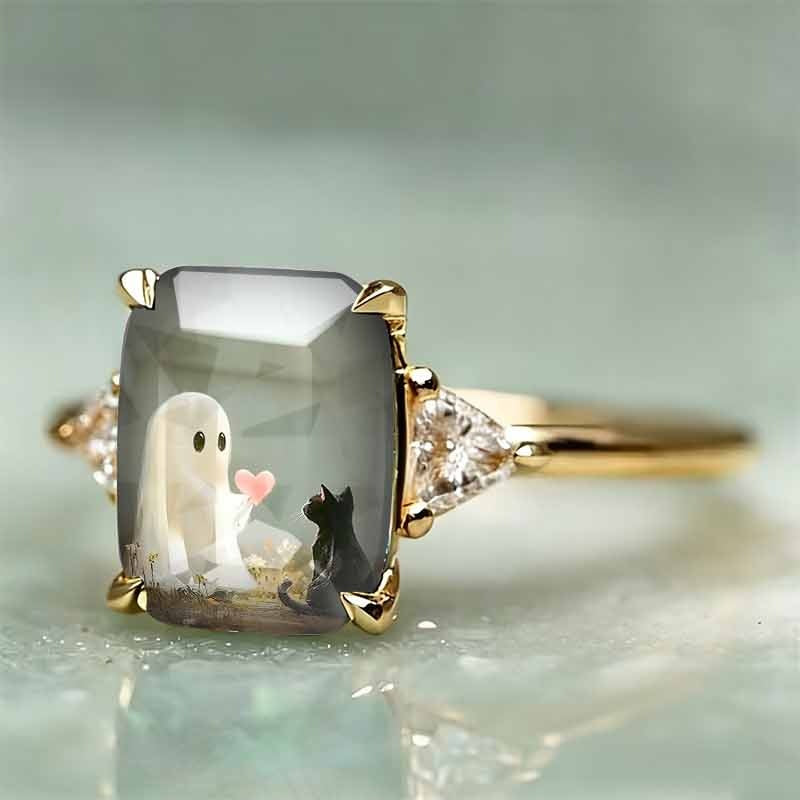 Ghost & Black Cat Square Printed Ring, Silver & Gold Two‑Tone Options