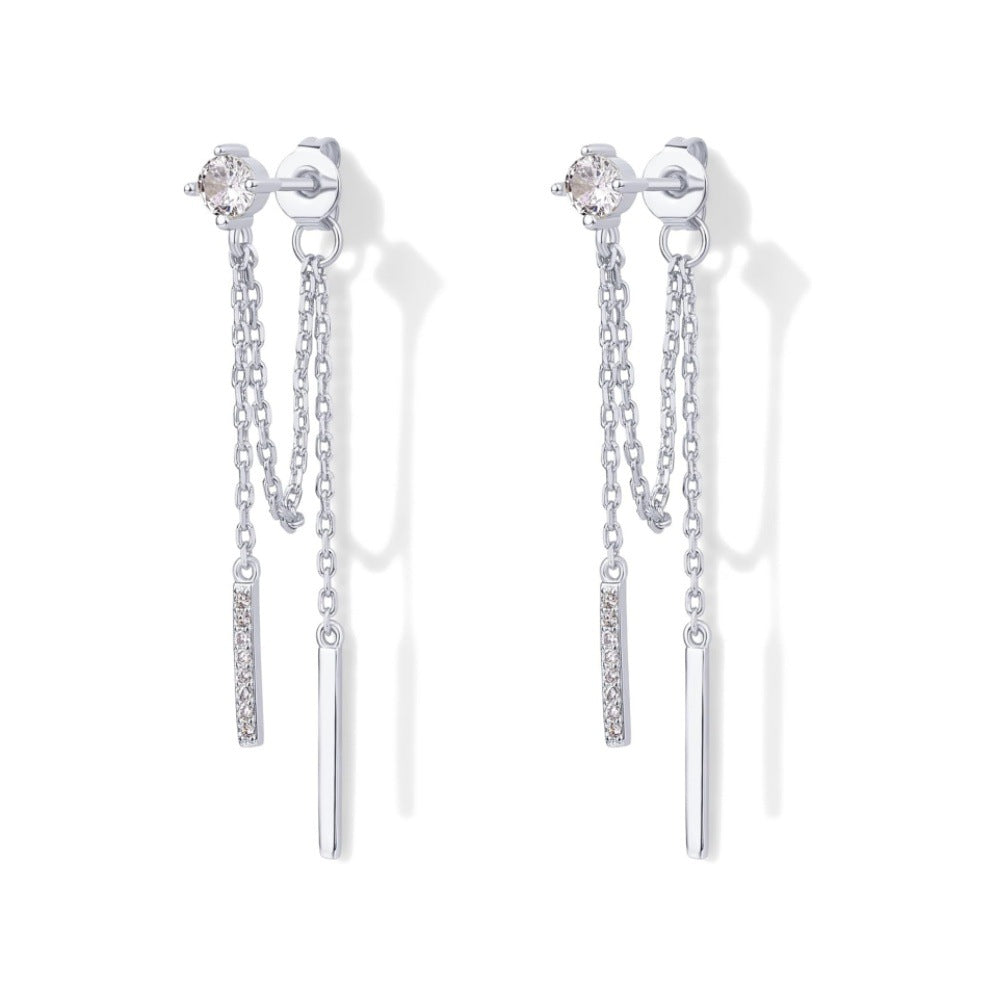 Double Chain Bar Tassel S925 Silver Stud Earrings, Minimal Long Drop Earrings Available in Gold & Silver Tone