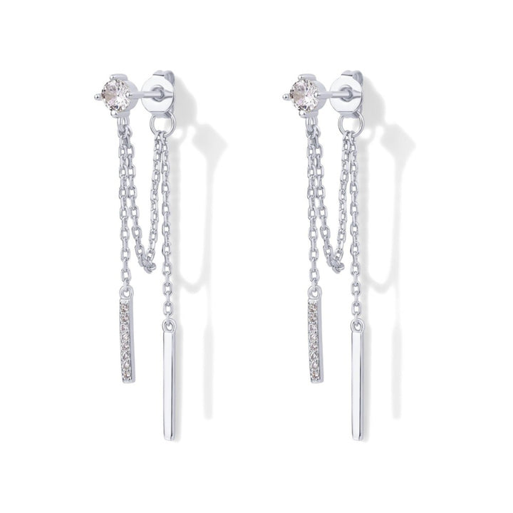 Double Chain Bar Tassel S925 Silver Stud Earrings, Minimal Long Drop Earrings Available in Gold & Silver Tone