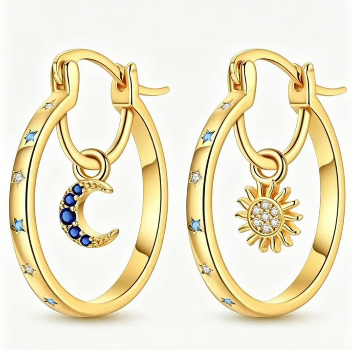 Sun & Moon Asymmetric Hoop Earrings, Celestial Star Paved Diamond Click Hoops Gold & Silver Dreamy Sky Jewelry