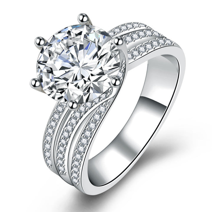 Six‑Prong Main Diamond Three‑Row Paved S925 Sterling Silver Ring, 3 Colors Available