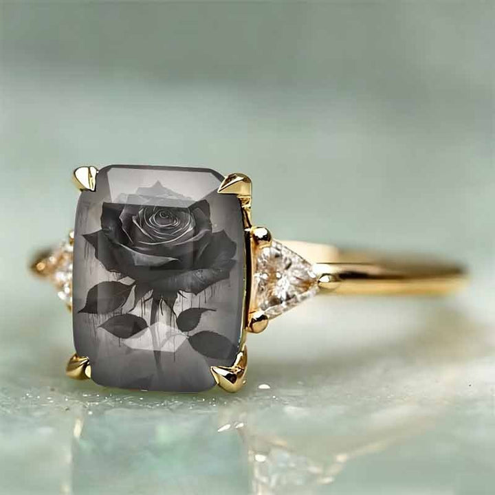 Rectangle‑Shape Black Rose Printed Ring, Two‑Tone Options
