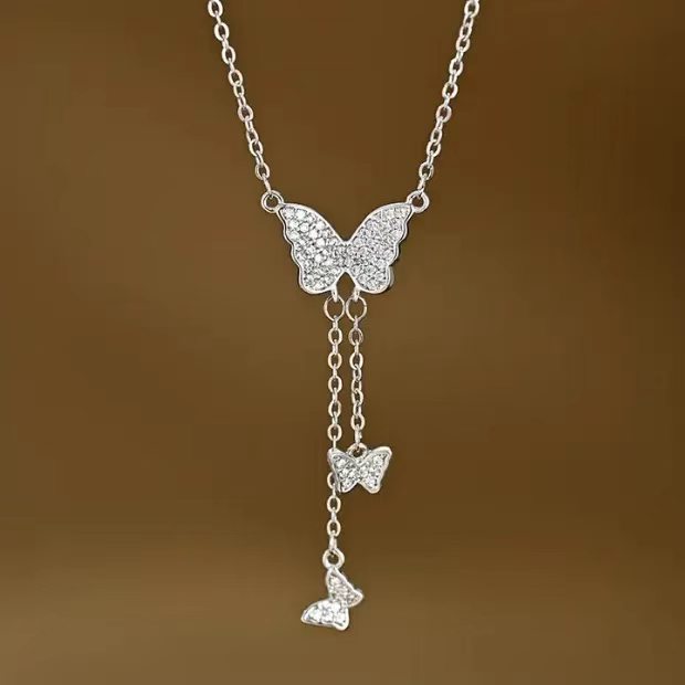 Pavé Triple Butterfly Tassel Necklace, Multi-Size Butterfly Drop Collarbone Chain, Gold & Silver Options