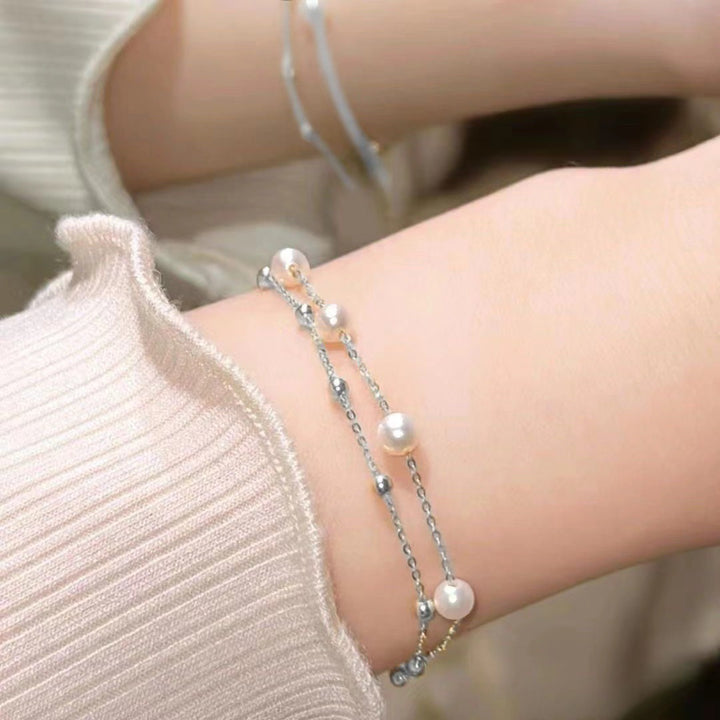 Double Layer Pearl & Beaded Bracelet, S925 Silver Minimalist Fresh Pearl Bracelet for Women, Gold & Silver Two Tones
