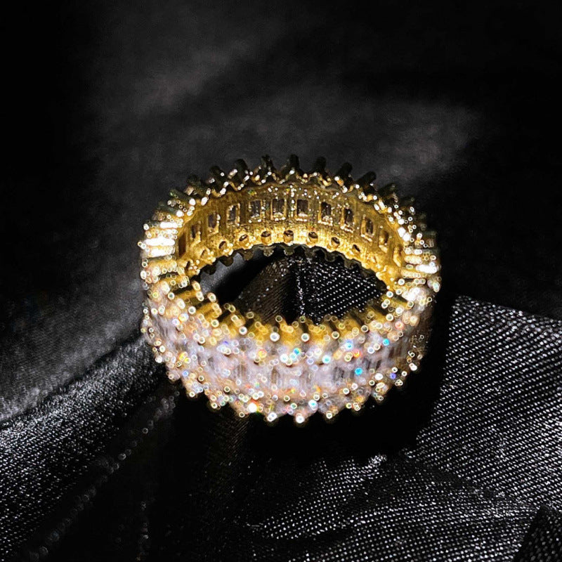 Baguette & Round Stone Full Paved Wide Band Ring, Hip Hop Iced Out Eternity Ring, 3 Colors Available
