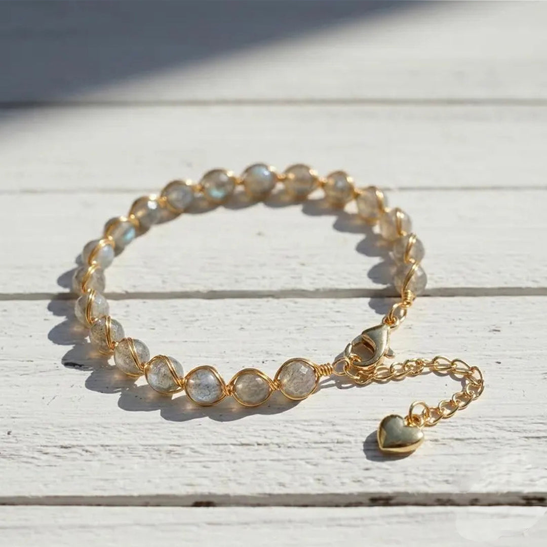 Hand‑Wrapped Natural Crystal Bracelet With Heart‑Shaped Extender, 4 Colors Available