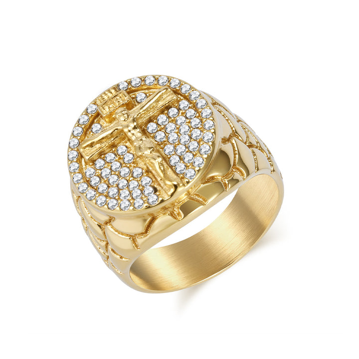 Paved Diamond Embossed Jesus Cross Signet Ring, S925 Silver 14K Gold Plated Vintage Faith Wide Band For Men, Gold & Silver Two Tones