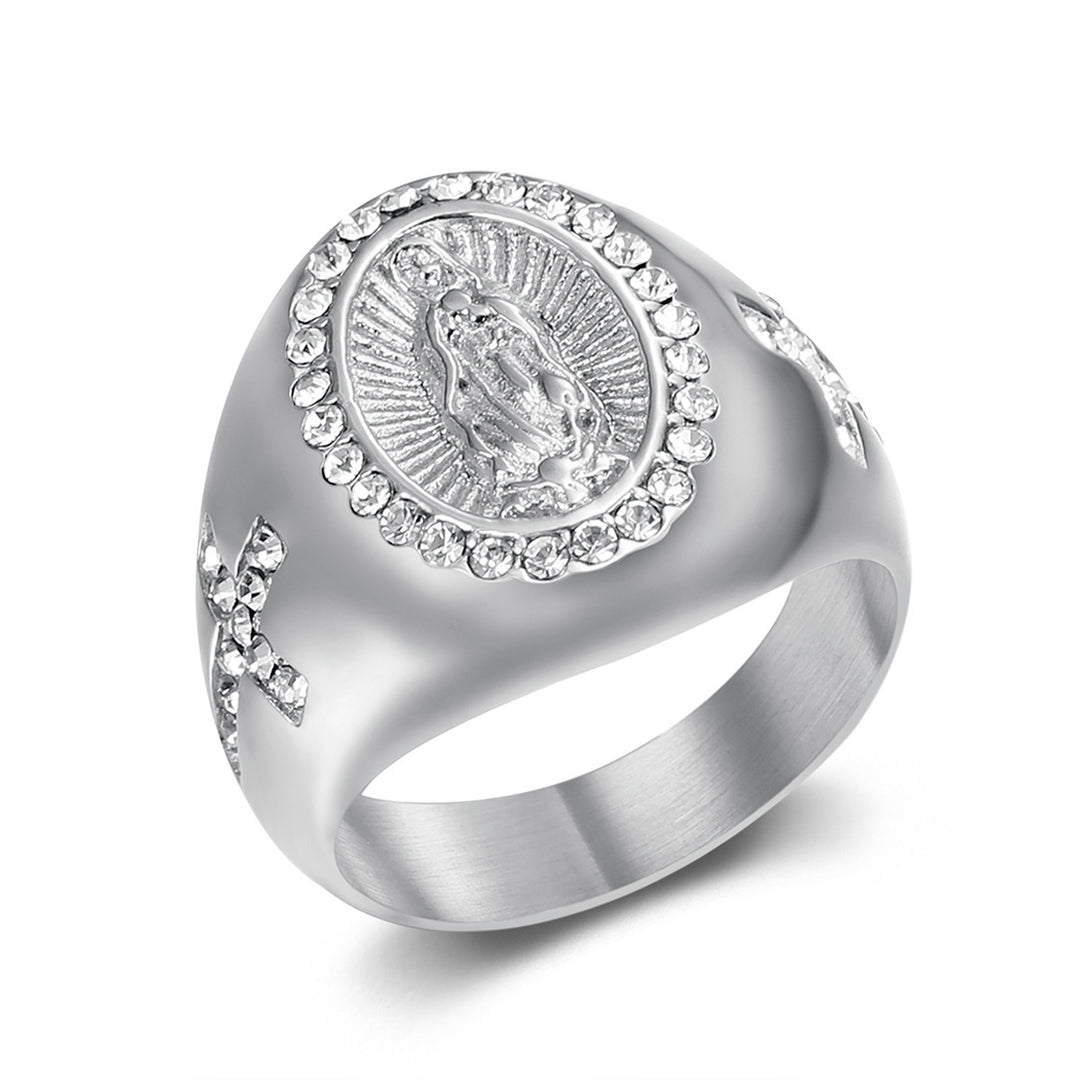 Our Lady of Guadalupe Diamond Oval Signet Ring, S925 Silver Gold & Silver Tone Catholic Prayer Wide Band