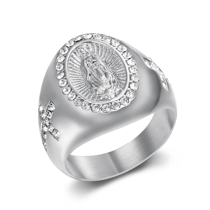 Our Lady of Guadalupe Diamond Oval Signet Ring, S925 Silver Gold & Silver Tone Catholic Prayer Wide Band