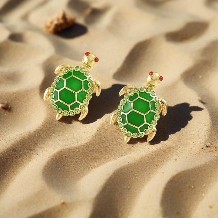 Vintage Enamel Turtle Stud Earrings, Ocean Style Paved Diamond 3D Animal Unique Earrings for Women
