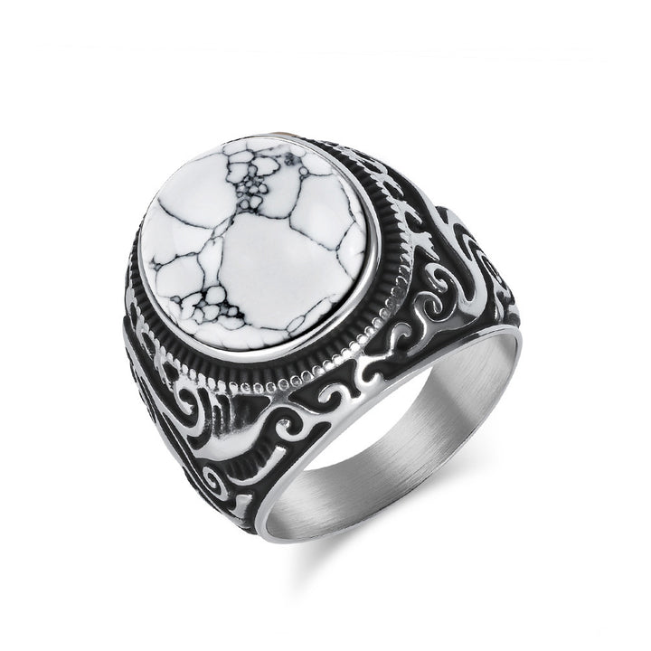 Vintage Scroll Pattern Oval Gemstone Signet Ring, S925 Silver Silver & Matte Black Two Tone Men Wide Band with Tiger Eye, Howlite, Crack Stone