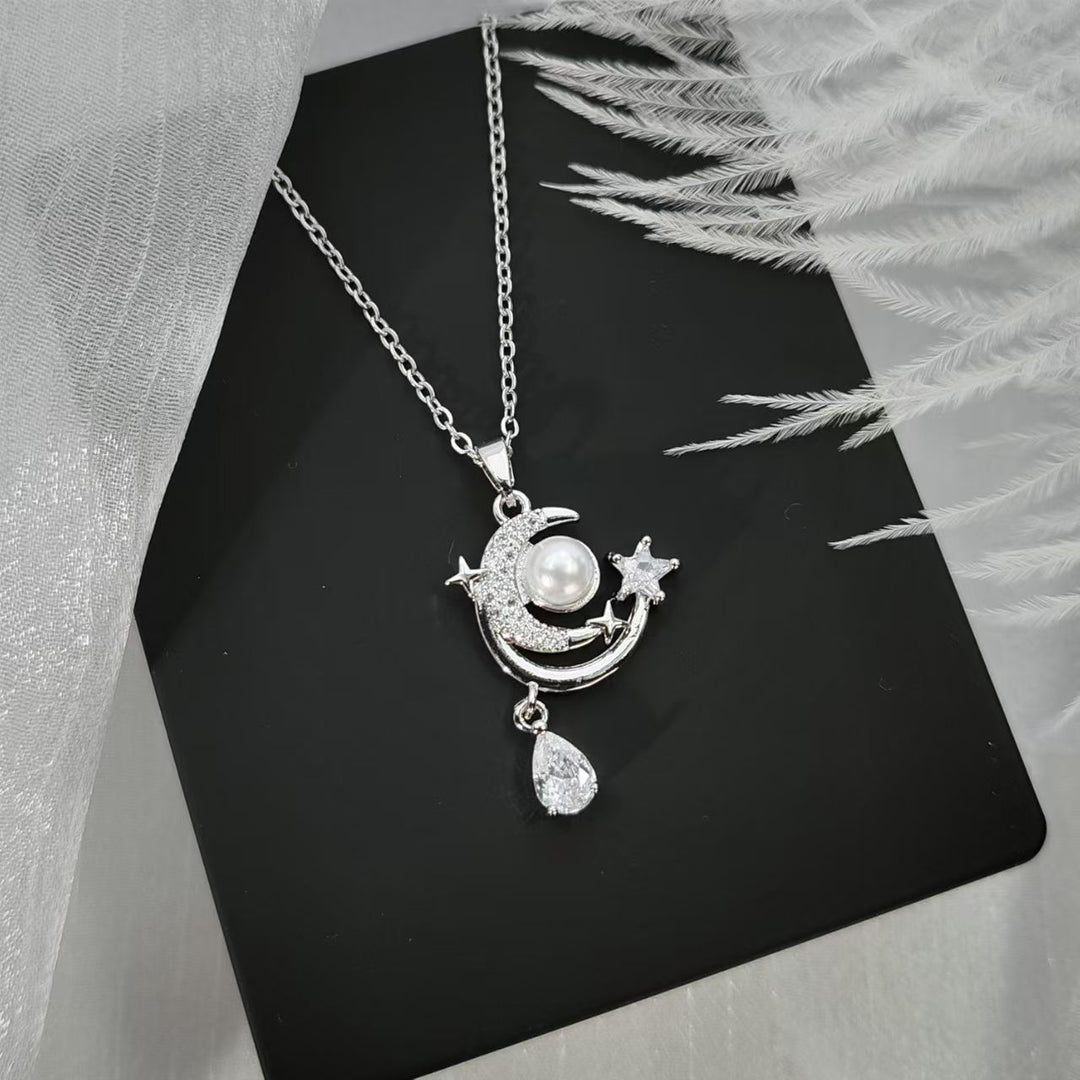 Star Moon Pearl Teardrop Pendant Necklace