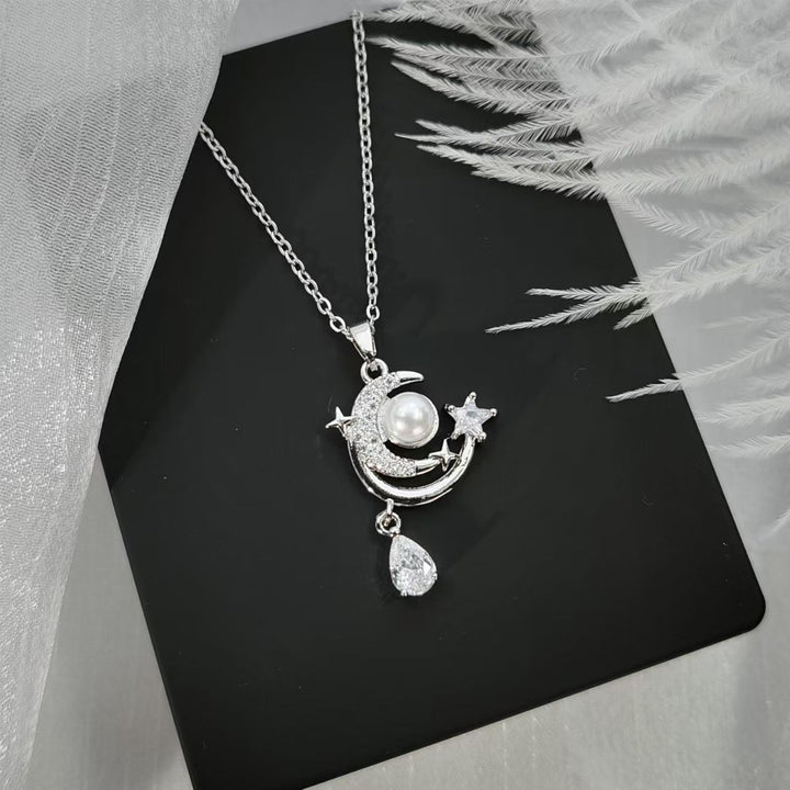 Star Moon Pearl Teardrop Pendant Necklace