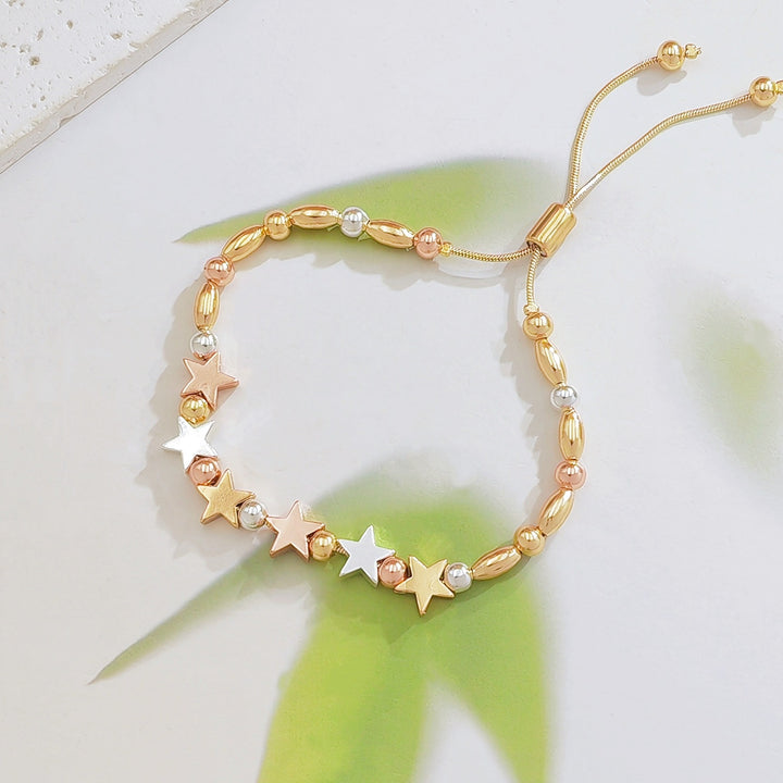 Tri‑Color Metal Beaded Adjustable Bracelet, Heart/Star/Four‑Leaf Clover Styles