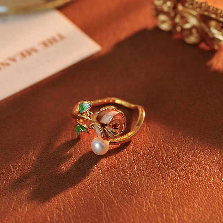 Enamel Rose Pearl Open S925 Silver Gold‑Tone Ring
