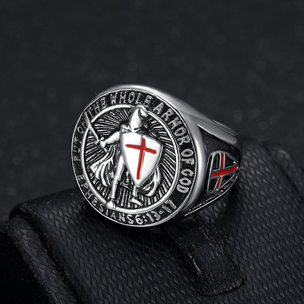Templar Knight Cross Armor Embossed Round Signet Ring, S925 Silver Gold & Silver Two-Tone Vintage Religious Men’s Band