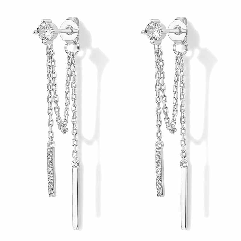 Minimal Double Chain Bar Tassel Stud Earrings, Single Crystal Asymmetrical Long Diamond Drop Jewelry in Gold & Silver