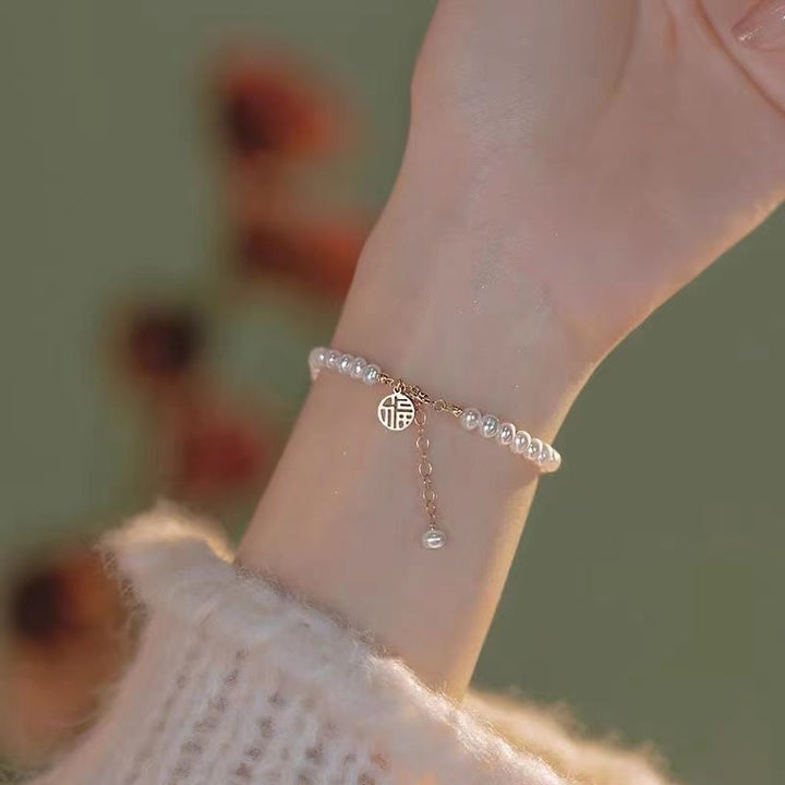 Soft Style Pearl Dainty Bracelets, Multi-Tone Peach/Tag/Coin/Red Bead/Green Jade Minimal Wrist Beads