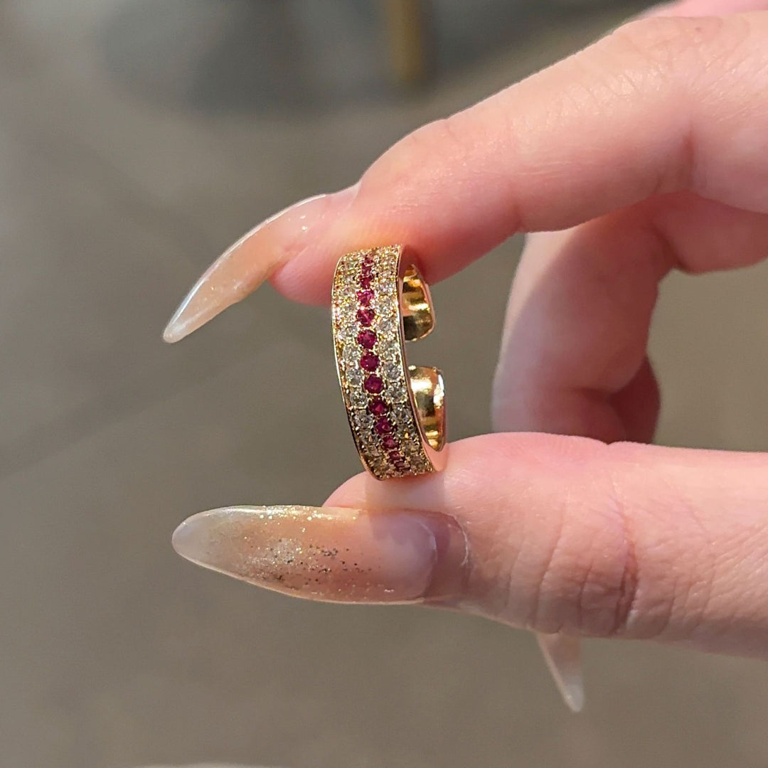 Three-Layer Color Contrast Paved Diamond Open Ring, Adjustable Thin Band Colorful Diamond Statement Ring