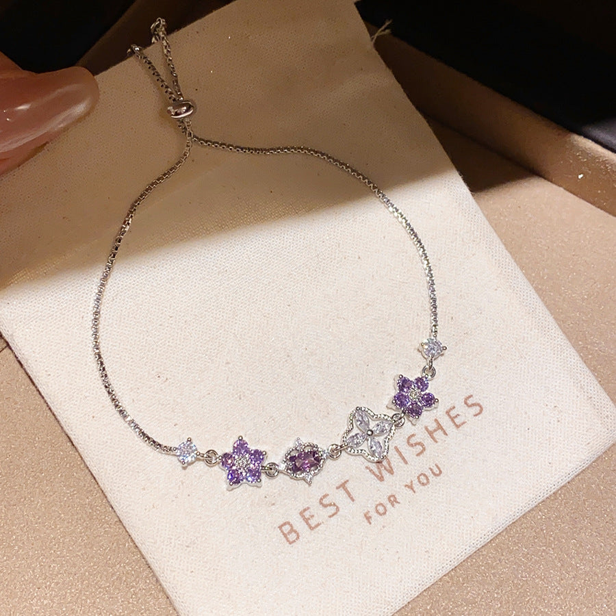 Purple‑Diamond Flower & Clover Adjustable Bracelet