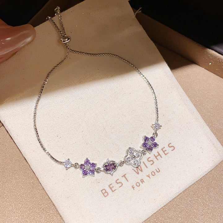 Purple‑Diamond Flower & Clover Adjustable Bracelet