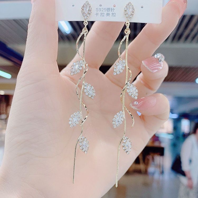 Long Willow Leaf Tassel Diamond S925 Silver Earrings, Elegant Spiral Curve Drop Earrings, Gold & Silver Two Colors Available