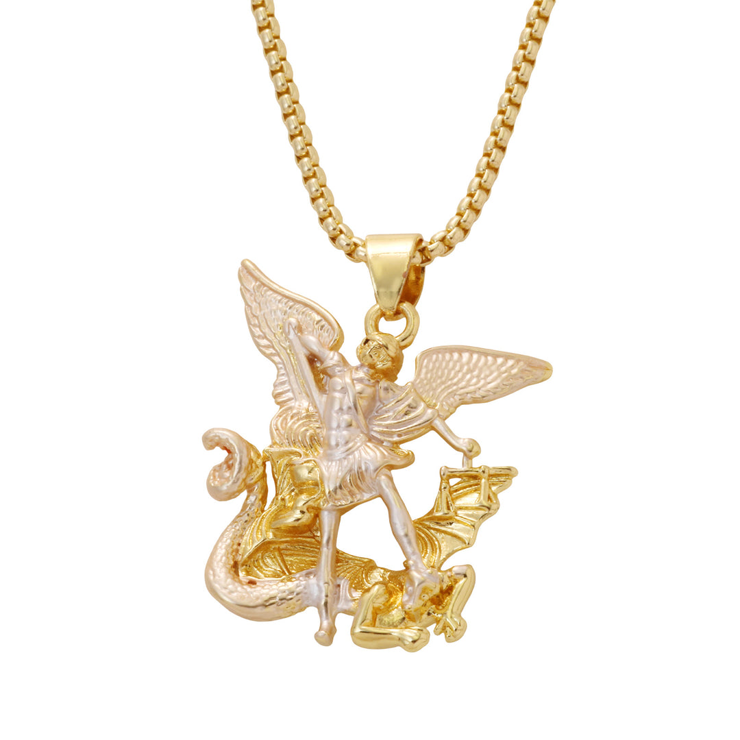Archangel Defeating Dragon 3D Relief Pendant Necklace, 3‑Tone Vintage Heavy‑Craft Men’s Box‑Chain Necklace